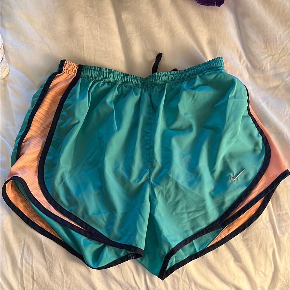 Nike Green and Orange Athletic Shorts with Retro Curved Panels